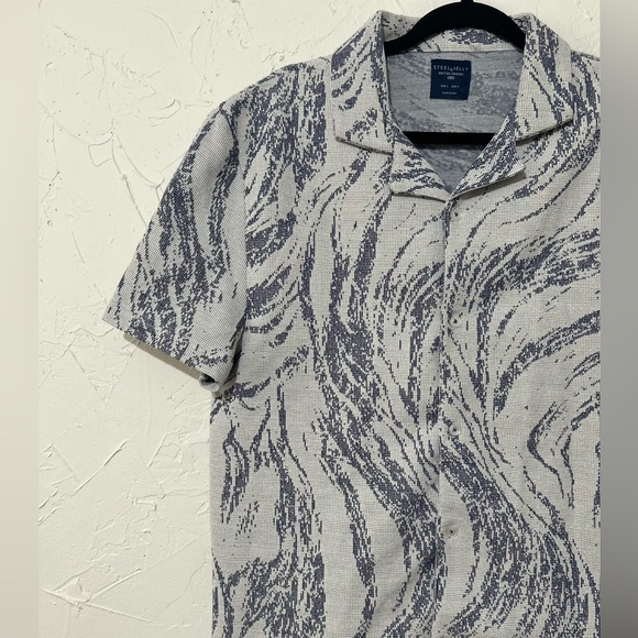 Steel & Jelly Men’s Pinner Wave Effect Short Sleeve Blue Shirt Sz Medium - Picture 5 of 9